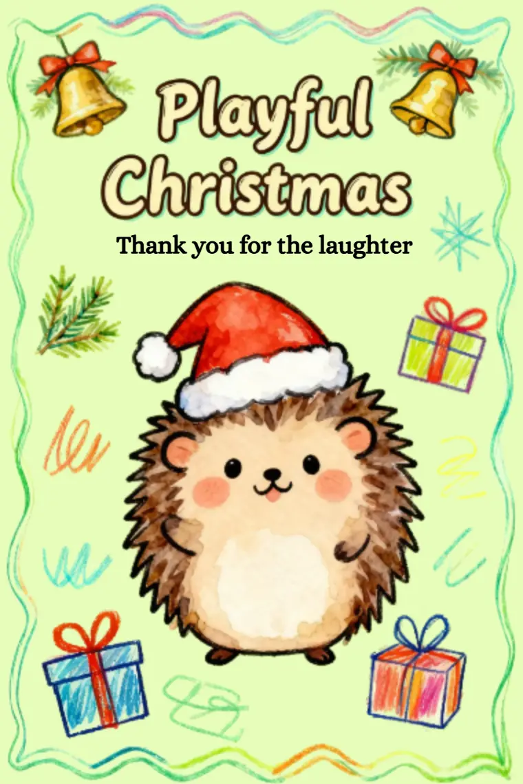Crayon-Drawn Hedgehog 's Santa Hat Christmas Card - animated card template cover