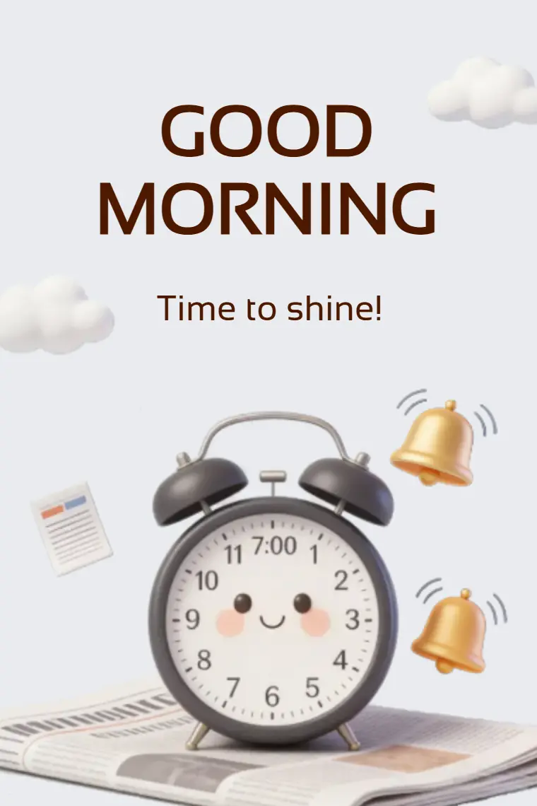 Cheerful Clock Greetings Good Morning Card - animated card template cover