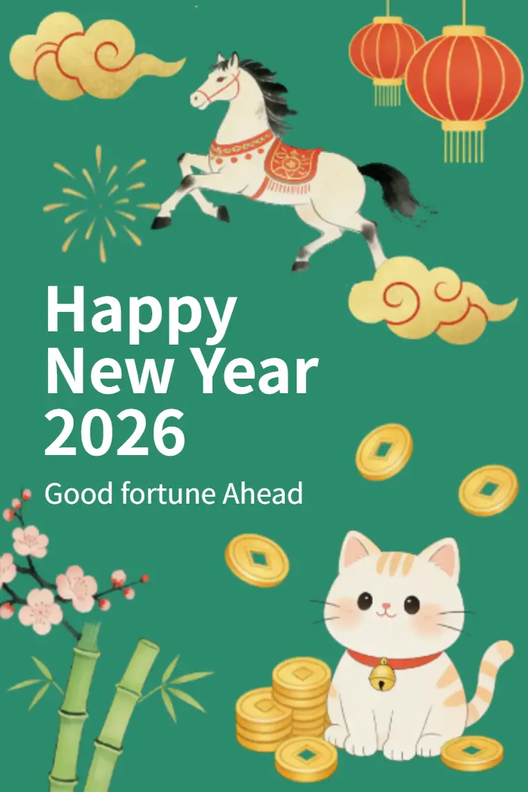 Lucky Cat and Horse Wealthy Welcome New Year Card - animated card template cover