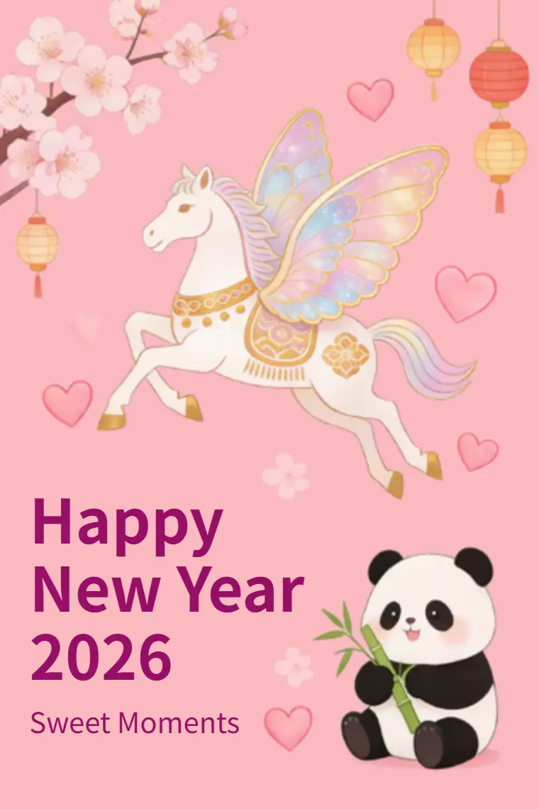 Pink Pegasus Panda New Year Card - animated card template cover