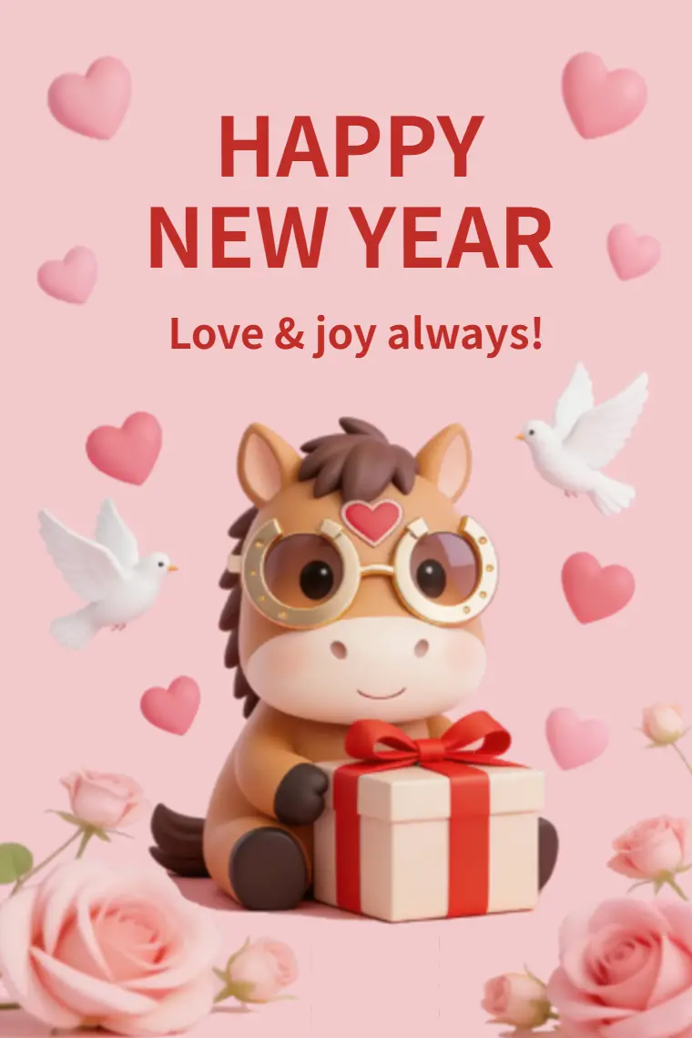 Cartoon Horse's Love Gift New Year Card - animated card template cover