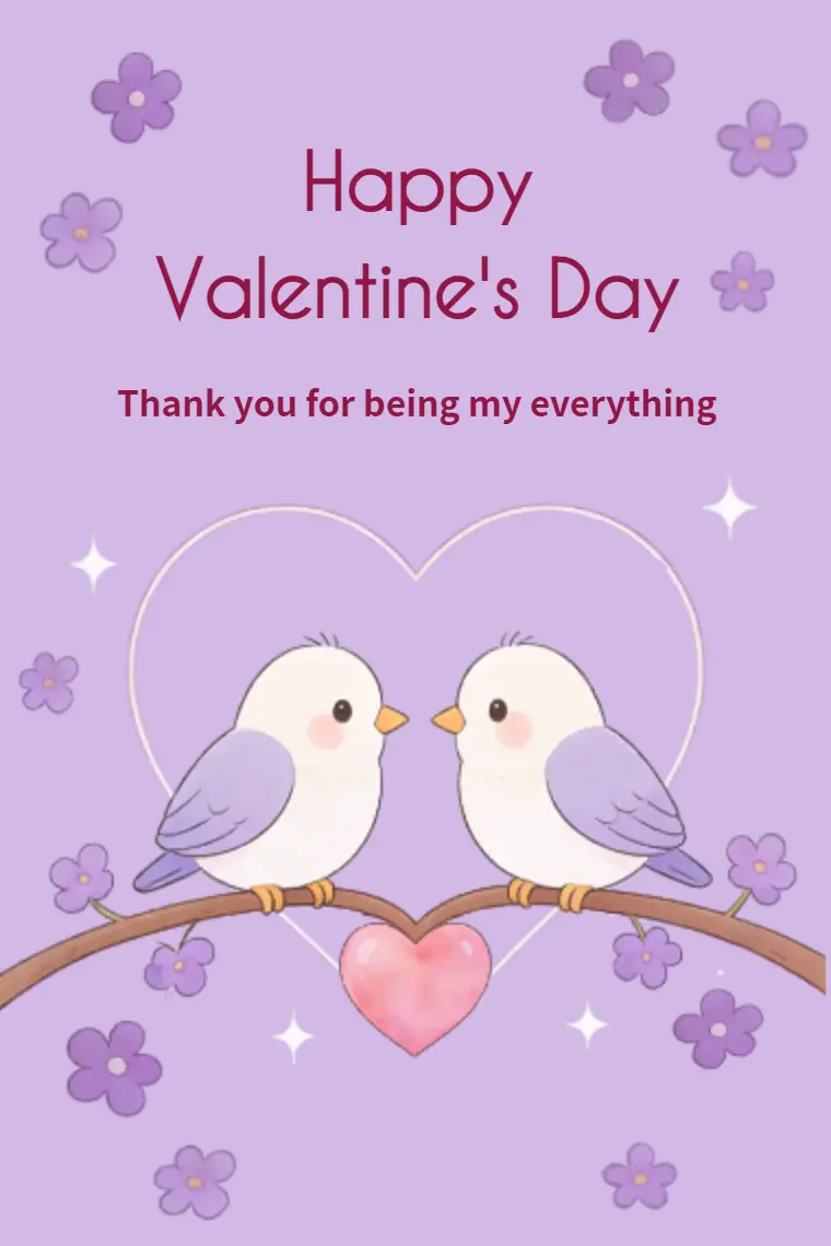 Purple Petal Heart-to-Heart Birds Valentine Card - animated card template cover