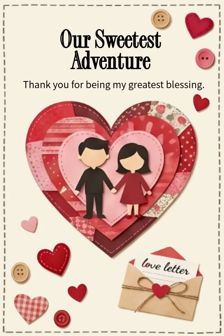 Stitched Fabric Hearts Love Letter Card - animated card template cover