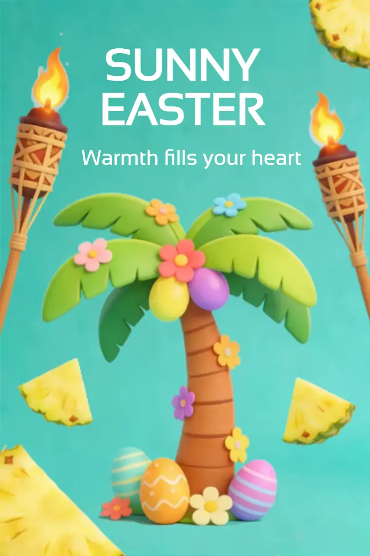 Turquoise Tiki Palm & Pineapple Easter Card - animated card template cover