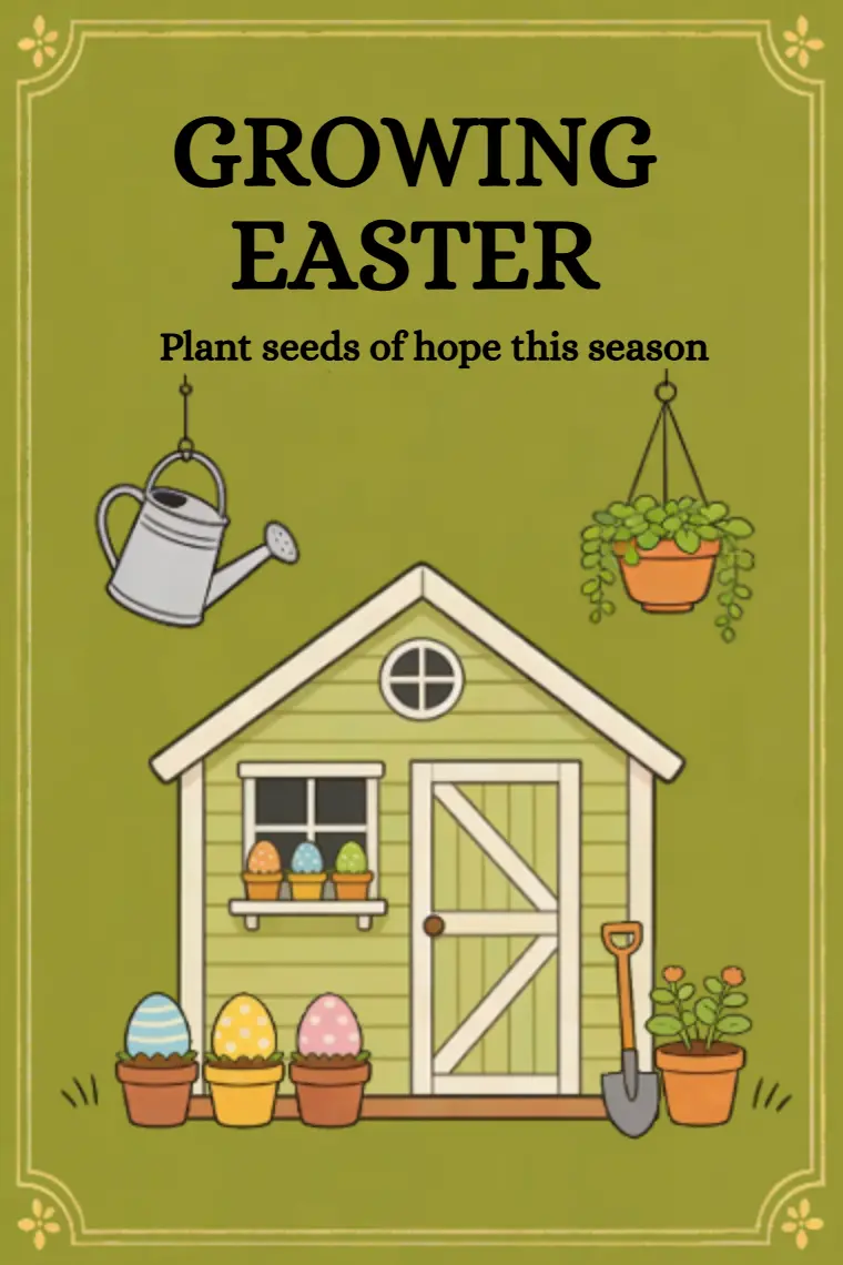 Garden Shed & Egg Potted Plants Easter Card - animated card template cover
