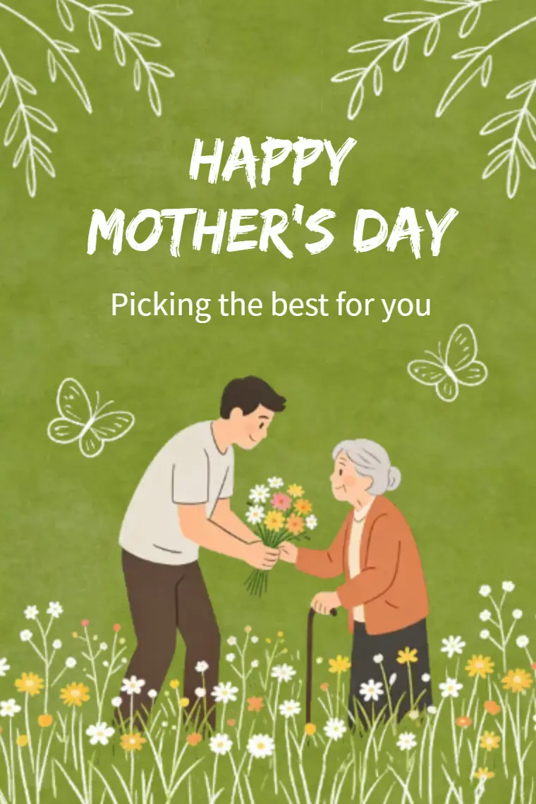 Green Garden Giving Wildflowers to Mom Mother's Day Card - animated card template cover