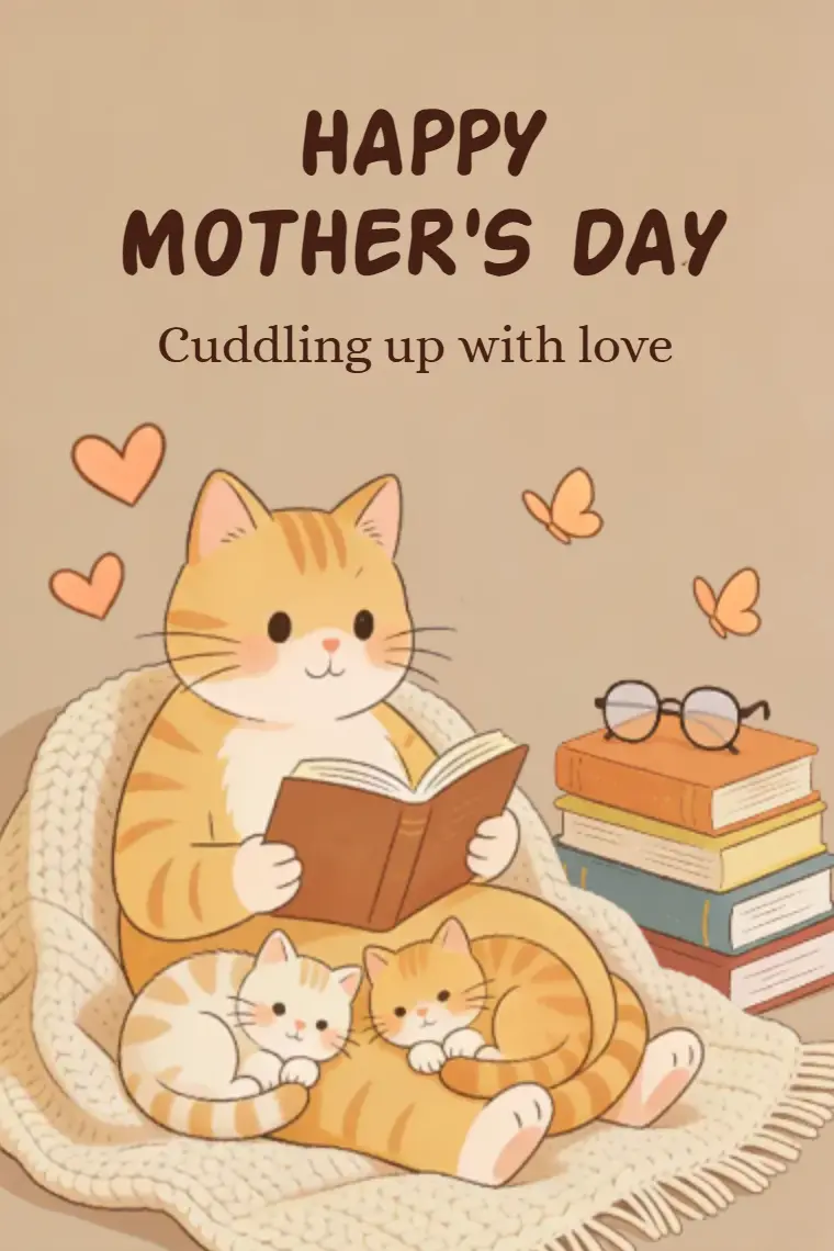 Cuddling Cat Mom with Kittens Mother's Day Card - animated card template cover
