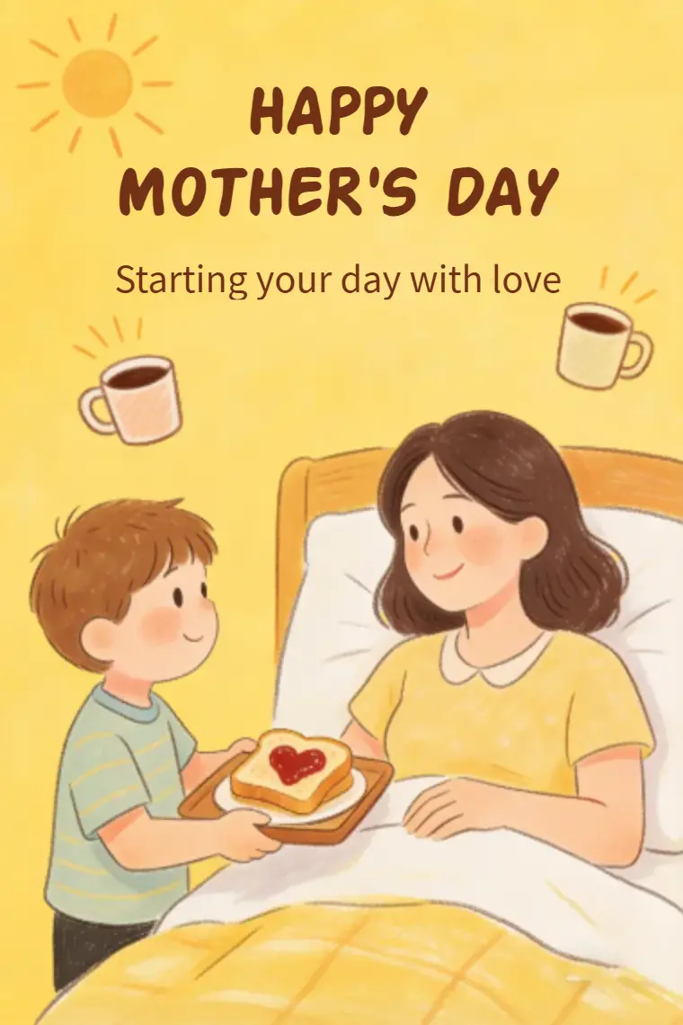 Boy Serving Toast to Mom in Bed Mother's Day Card - animated card template cover