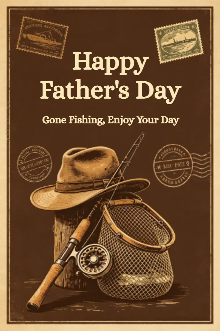 Brown Vintage Fishing Gear Father's Day Card - animated card template cover