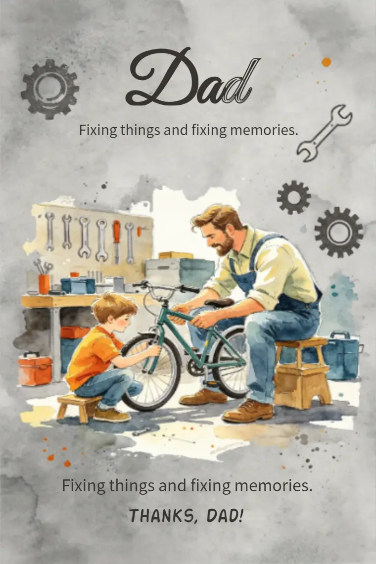 Mechanic Father‑Son Fixing Bikes Father's Day Card - animated card template cover