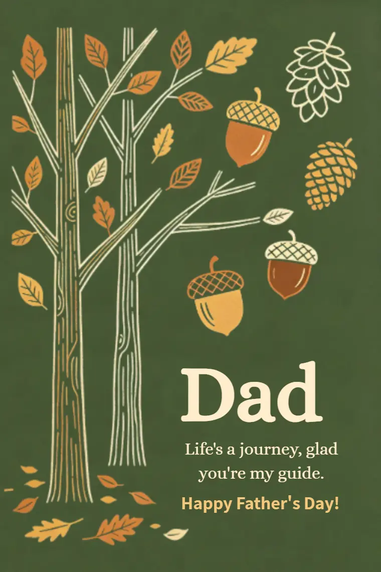 Vintage Linocut Oak Tree Acorn Father's Day Card - animated card template cover