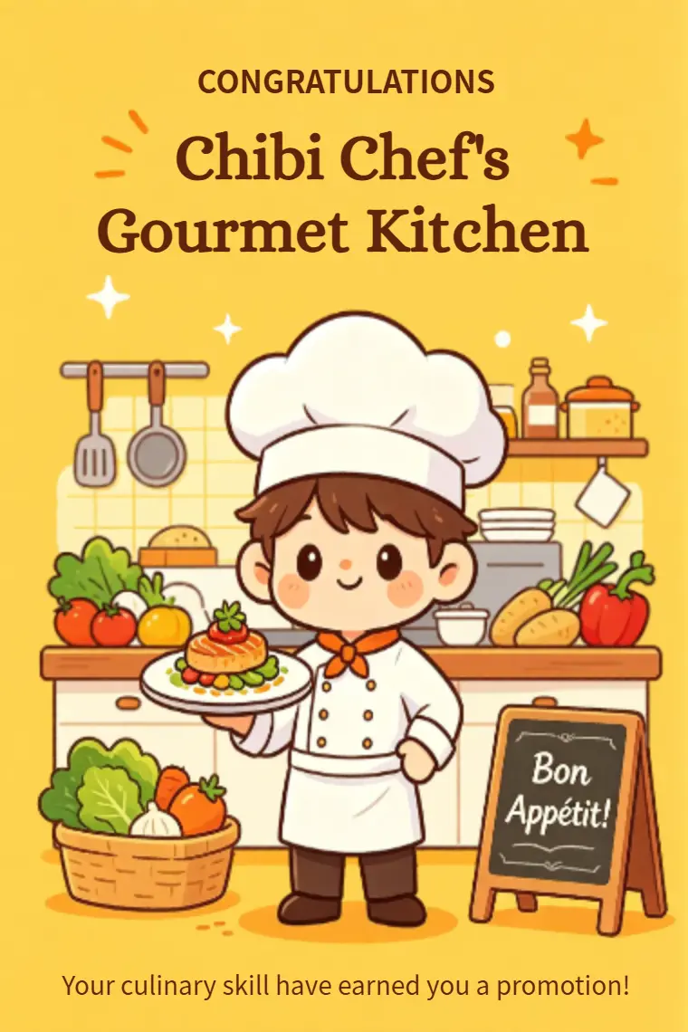Cartoon Chibi Chef's Gourmet Kitchen Congratulations Card - animated card template cover