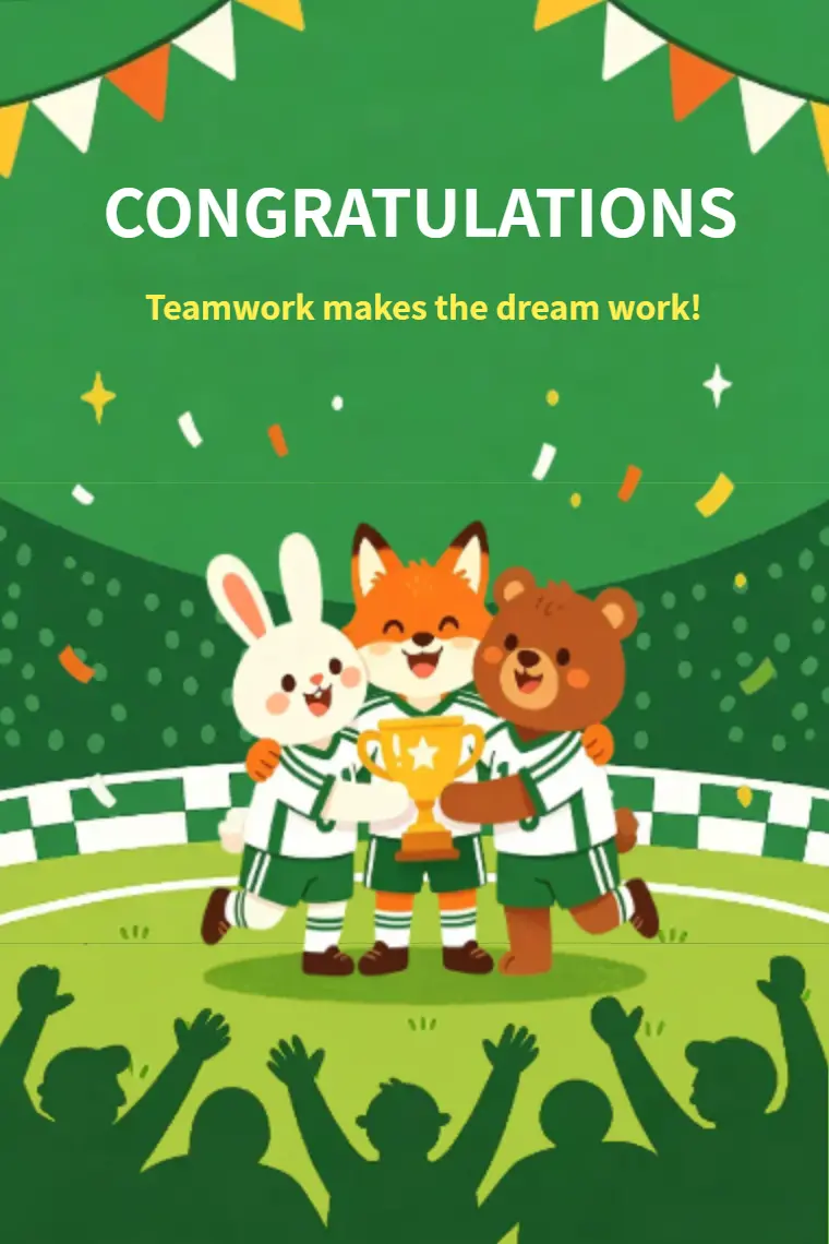 Green Football Field Animal Squad Championship Congratulations Card - animated card template cover