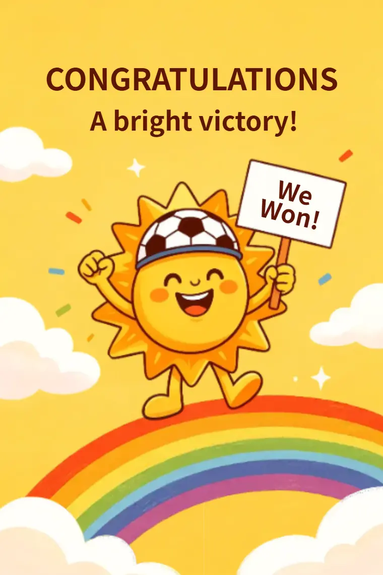 Cute Cartoon Sun Soccer Rainbow We Won Congratulations Card - animated card template cover
