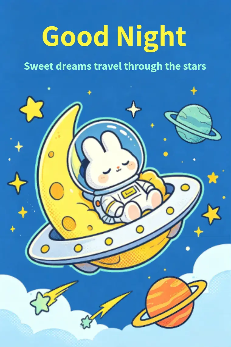 Space Bunny's Moon UFO Voyage Good Night Card - animated card template cover