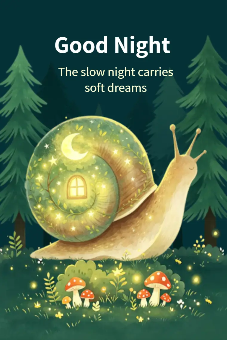 Glowing Shell Snail In Pine Woods Good Night Card - animated card template cover