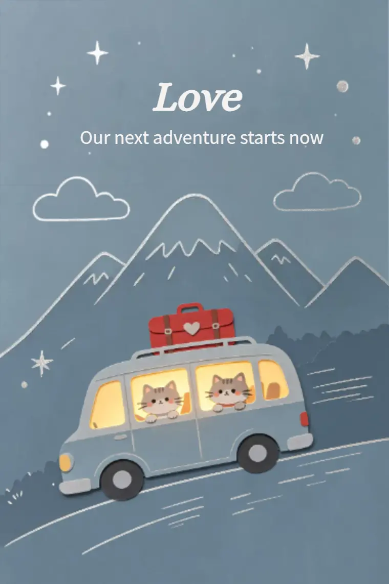 Mountain Road Trip Cat Couple Road‑Trip Love Card - animated card template cover
