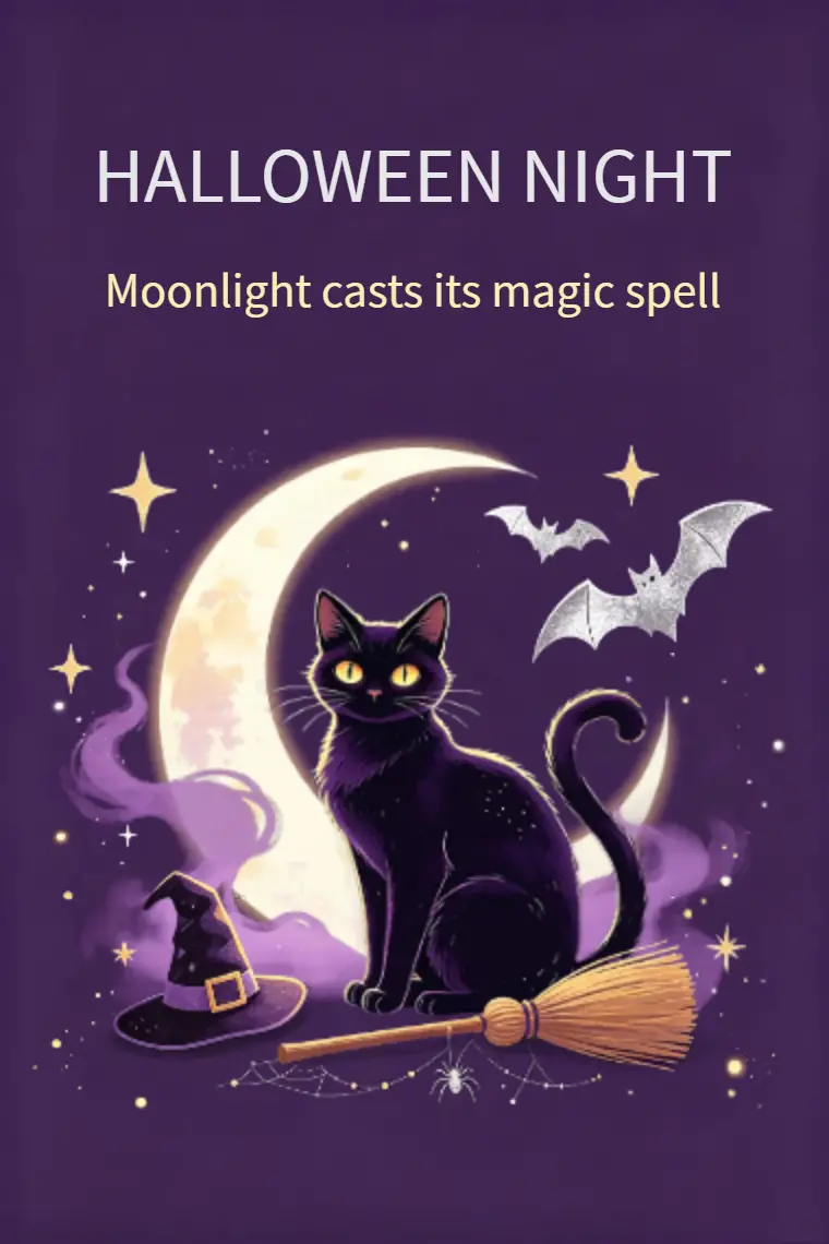 Crescent Moon Magic Black Cat Halloween Card - animated card template cover