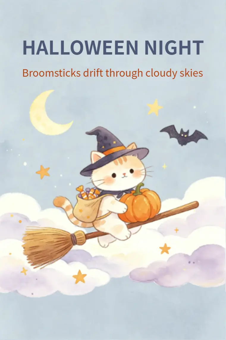 Watercolor Witch Cat's Cloudy Voyage Halloween Card - animated card template cover