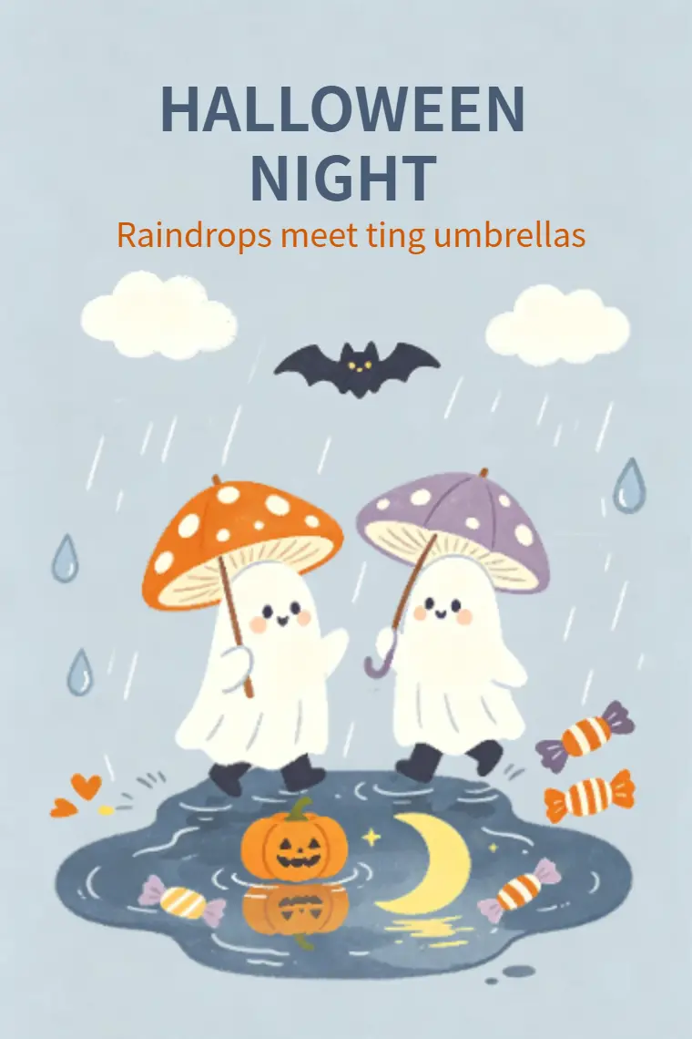 Rainy Mushroom Umbrella Ghosts Halloween Card - animated card template cover