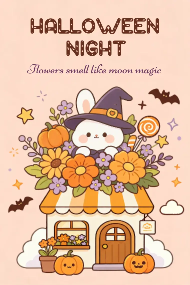 Bunny Witch's Flower Cottage Halloween Card - animated card template cover