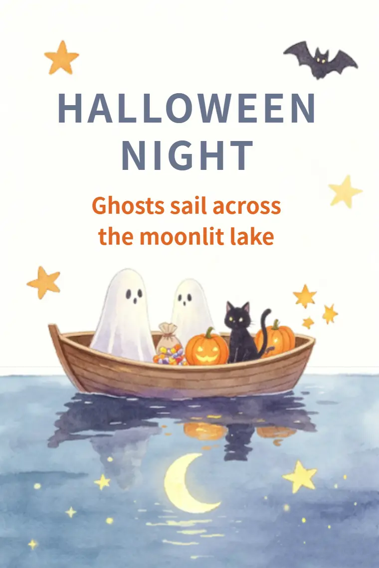 Watercolor Ghost Black Cat Moonlit Lake Boat Halloween Card - animated card template cover