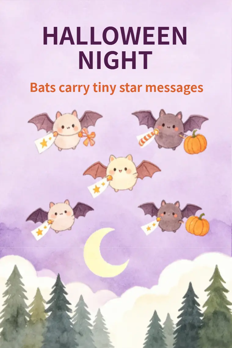 Watercolor Cute Bats Star Message Halloween Card - animated card template cover