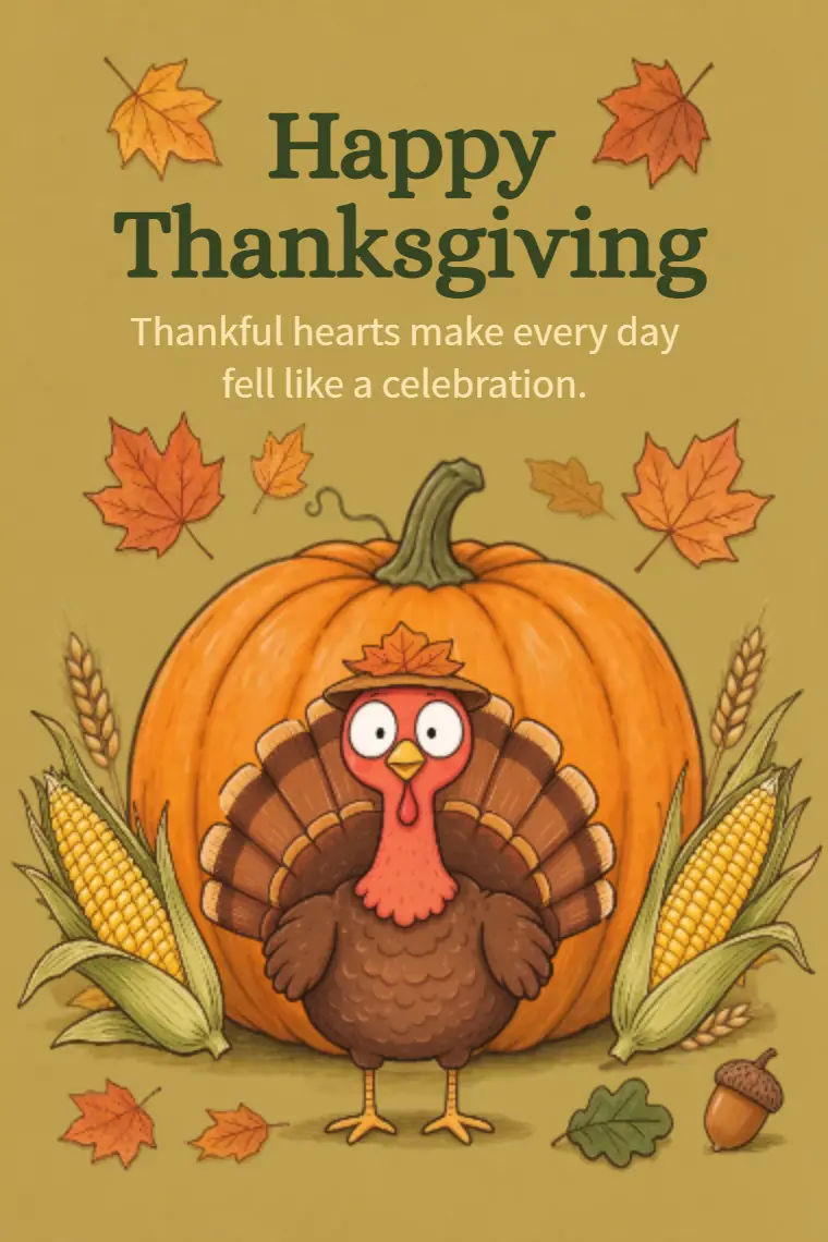Cute Pilgrim Turkey Pumpkin Thanksgiving Card - animated card template cover