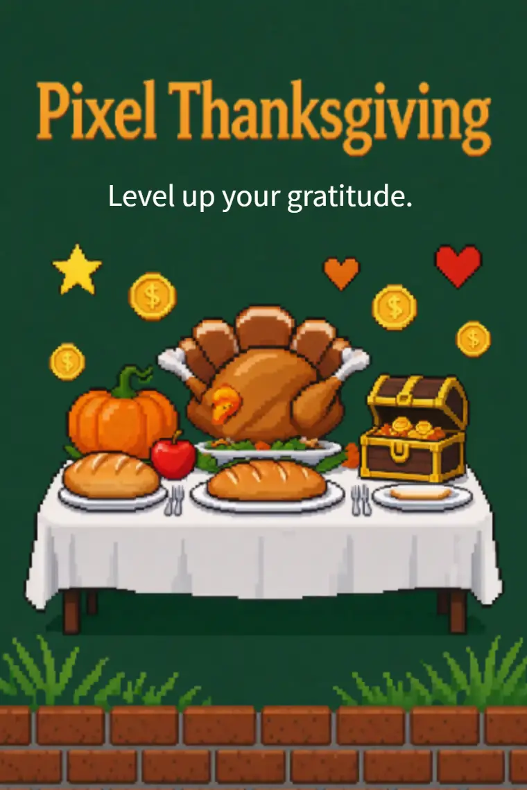 Pixel Game‑Style Turkey Feast Thanksgiving Card - animated card template cover
