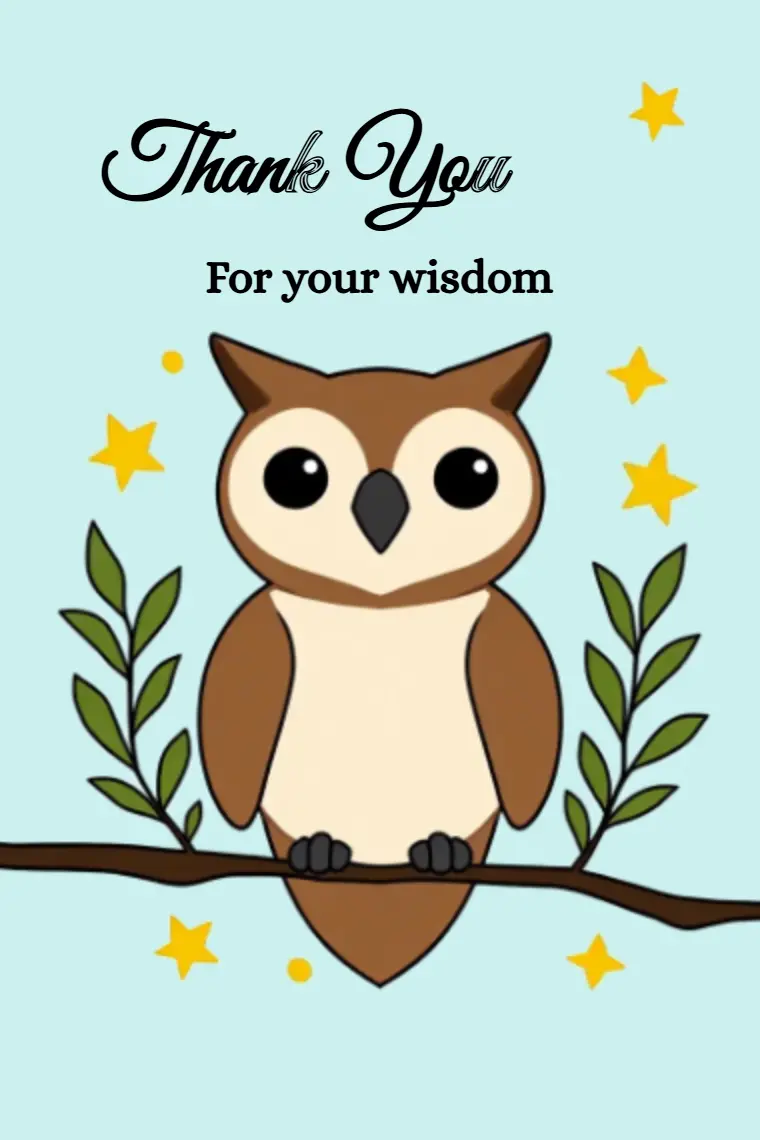 Light Blue Cartoon Owl On A Branch Thank You Card - animated card template cover