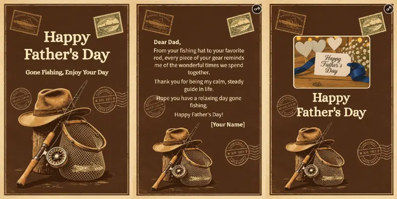 Brown Vintage Fishing Gear Father's Day Card Pages Show