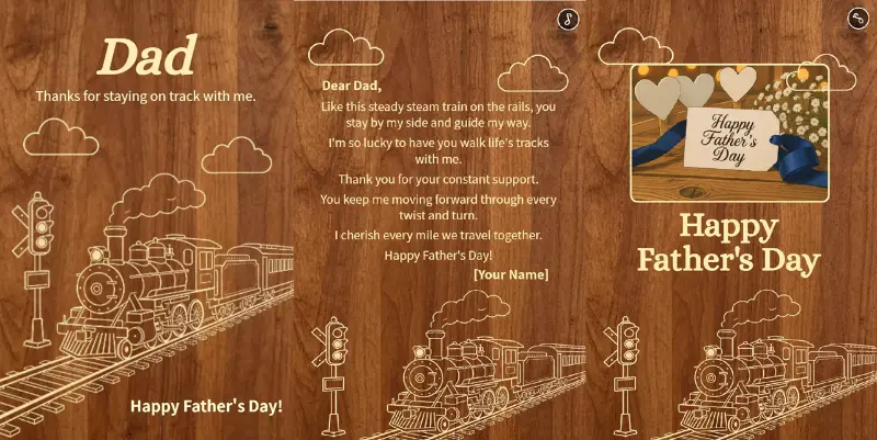 Wood‑Engraved Vintage Steam Train Father's Day Card Page Show