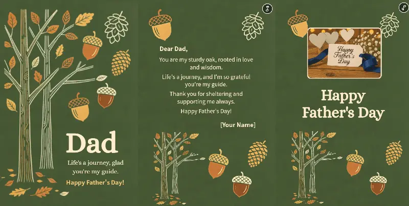 Vintage Linocut Oak Tree Acorn Father's Day Card Page Display